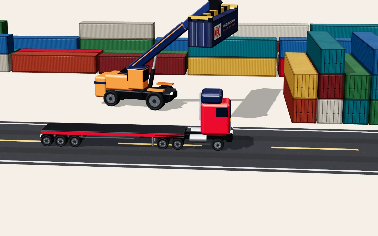 Illustration: a reach-stacker lifts a KGC container from a stack and sets it on a truck trailer