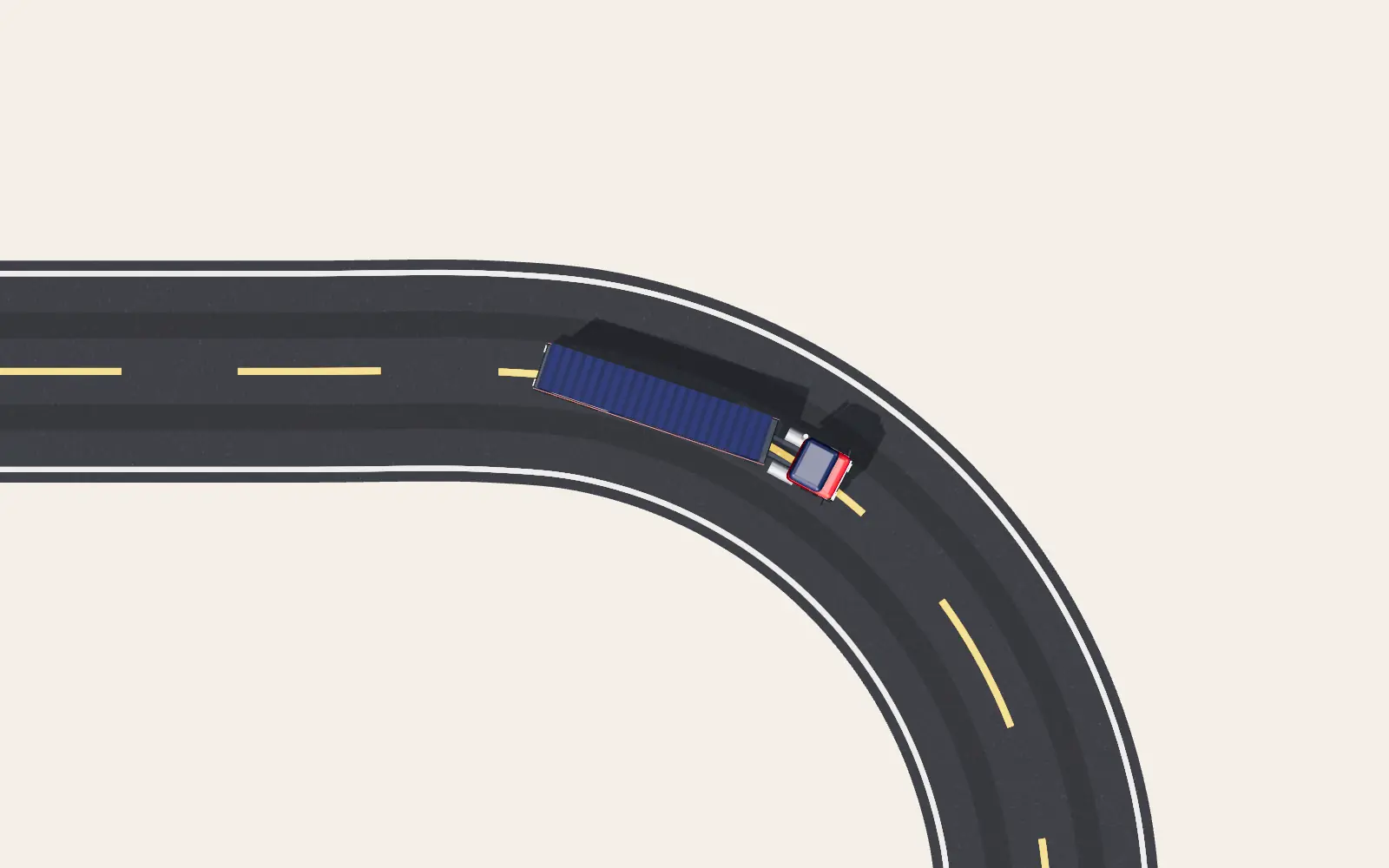 Illustration: top-down view of the truck on a curving road towards the port