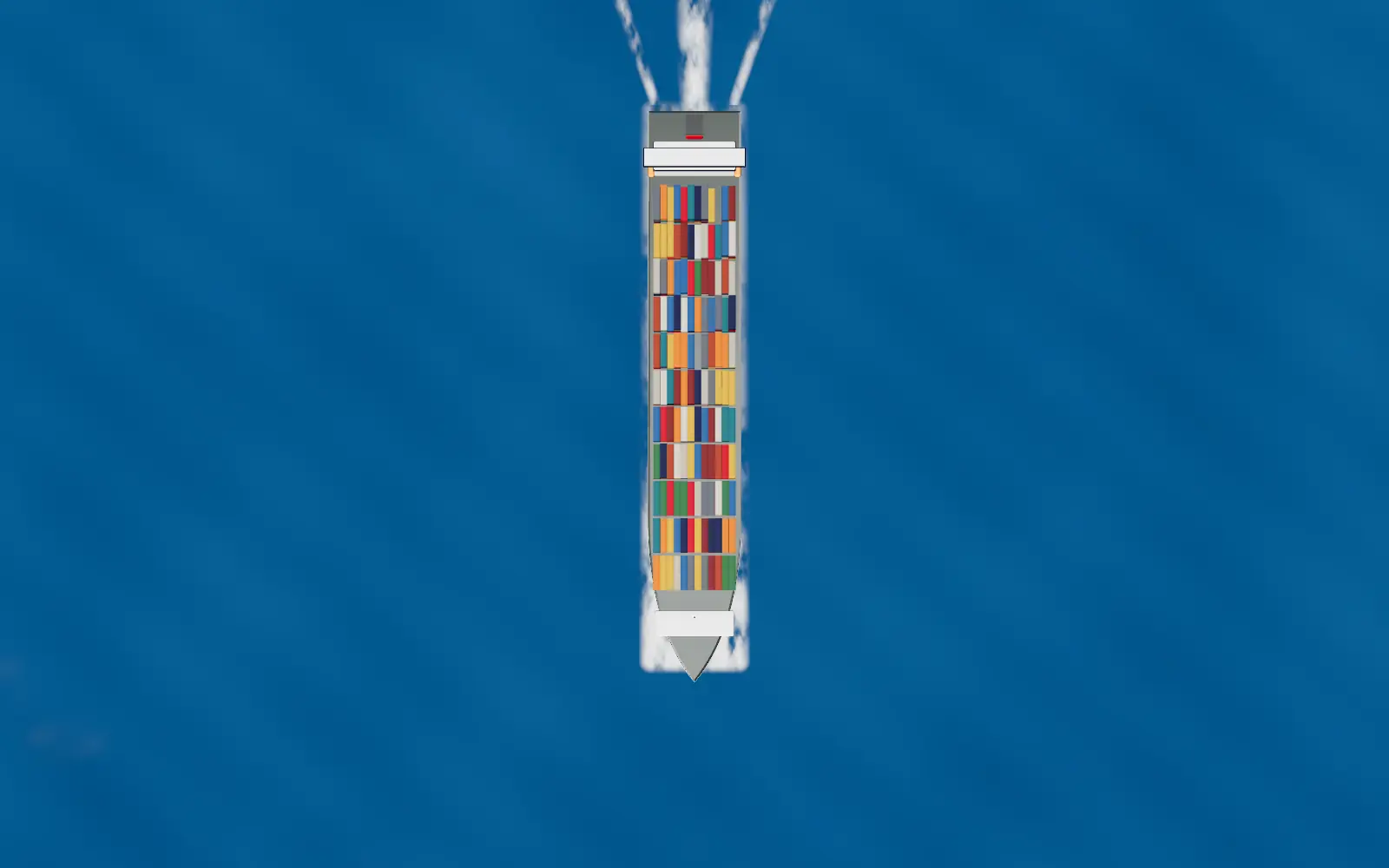 Illustration: top-down view of a container ship at sea with a white wake